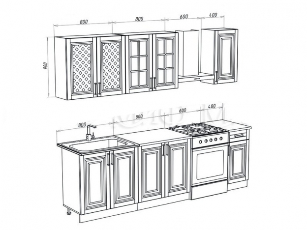 Кухня Престиж МДФ 2,0 (900) компоновка 4 решетка Жемчуг Шервуд